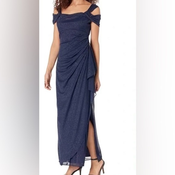 Alex Evenings Sparkly Navy Blue Draped Ruffle Cold Shoulder Gown size 8P - Picture 1 of 12